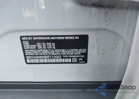 2024 BMW I4 Edrive35 из США, поврежденный, VIN WBY43AW08RFT12002